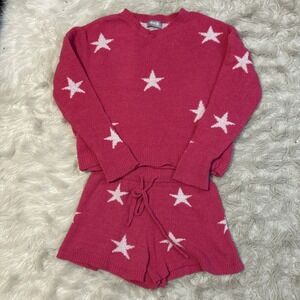 Blue B Pink Knit Star Cozy Pajamas Sweater Set Oversized Baggy Celestial Medium